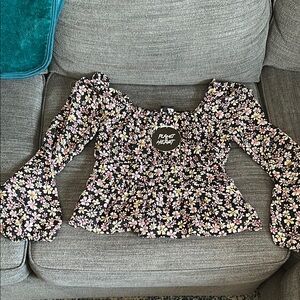 Black and Pink Puff Sleeve Peplum Blouse